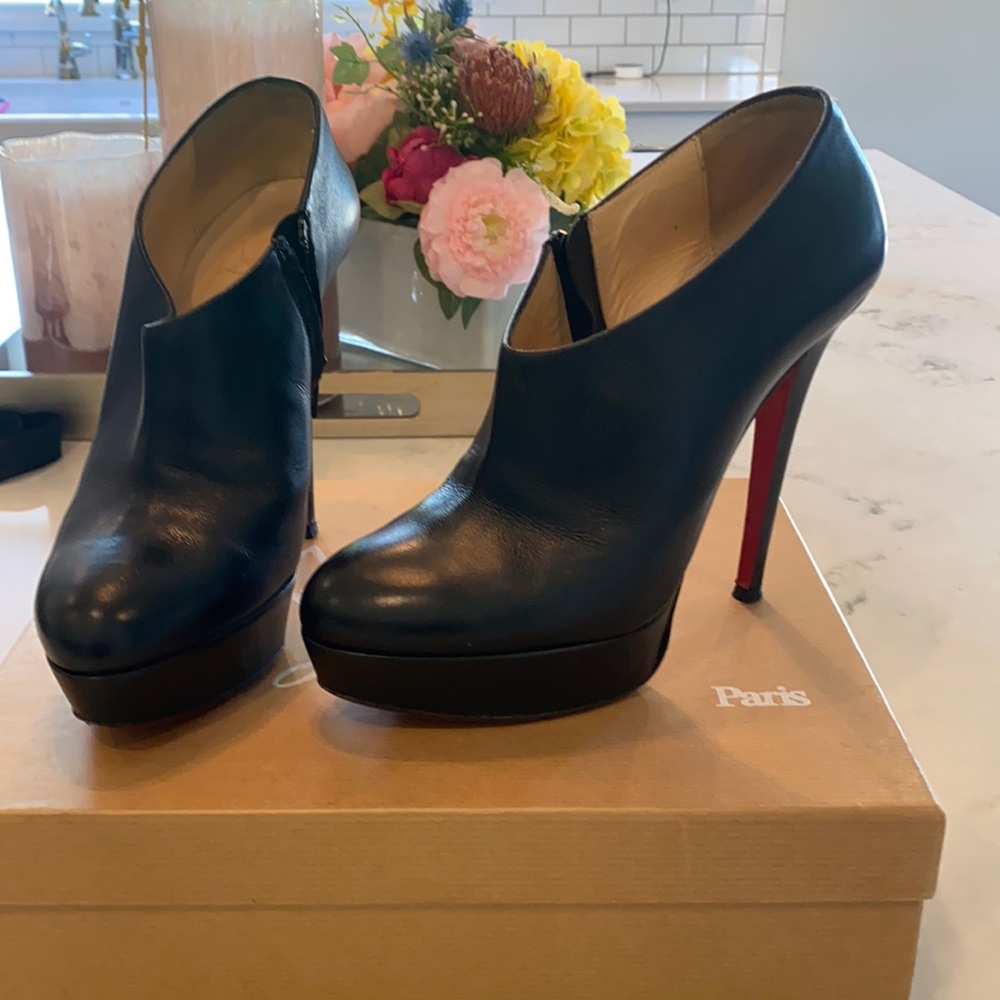 Christian Louboutin Black Leather Platform Ankle Booties with Red Heel